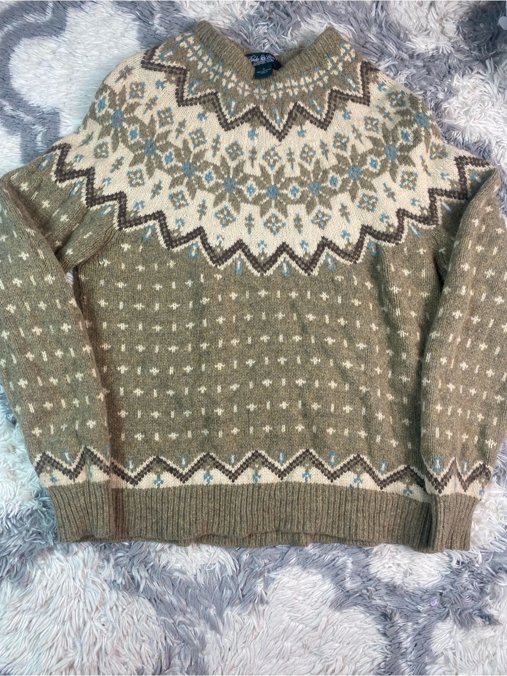 Brooks Brothers Sweater Men’s XL Tan Brown Pullover Lambs Wool Nordic Fair Isle